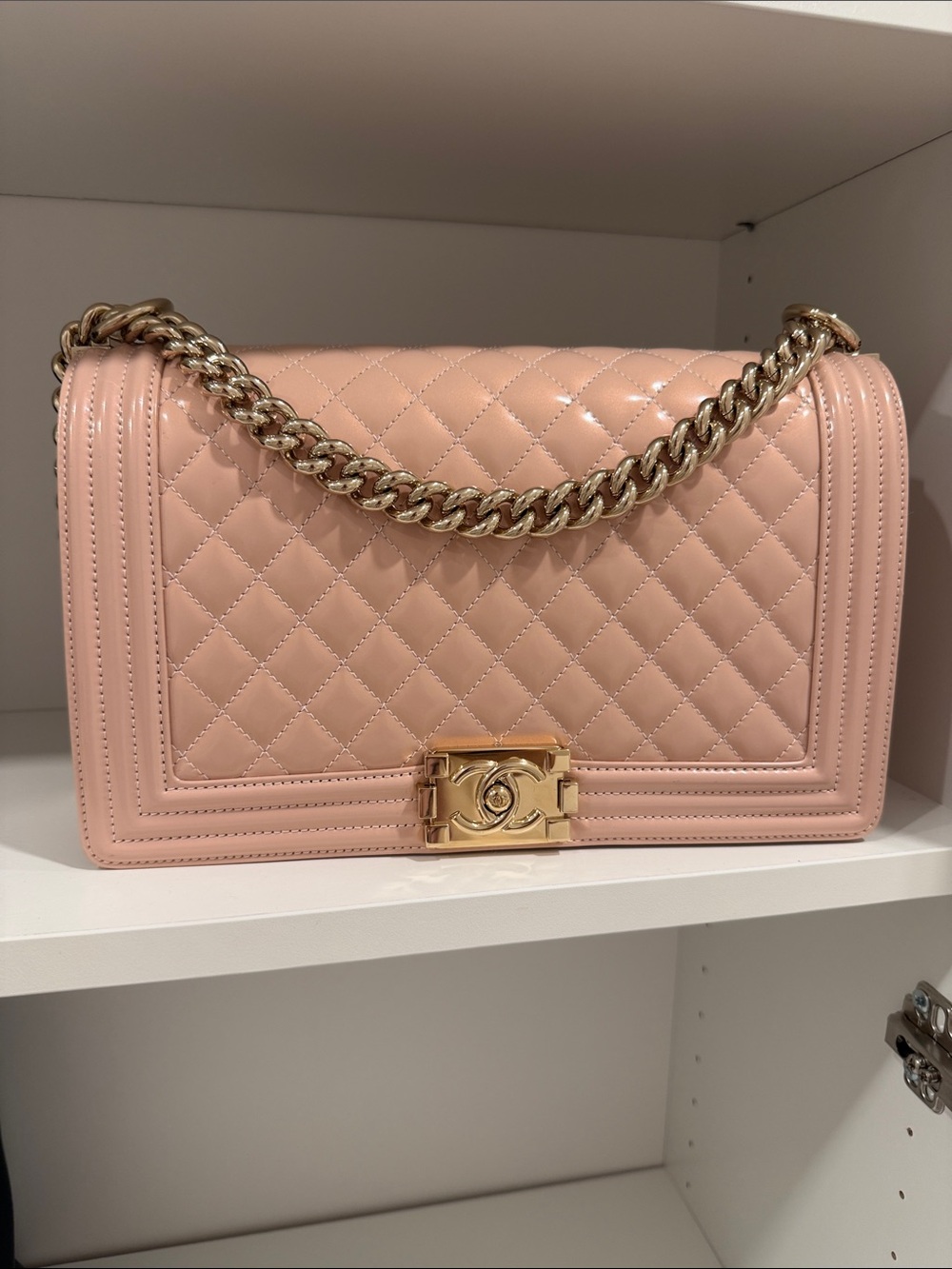 CHANEL Blush Quilted Boy Bag with Gold Chain